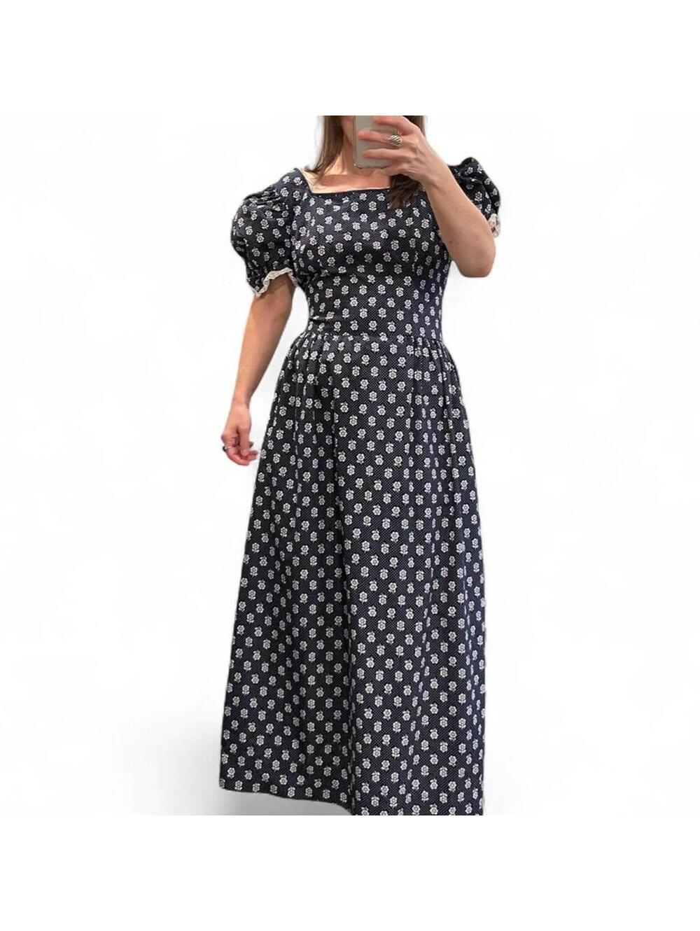 Vintage Prairie Maxi Dress Navy Floral Cottagecore